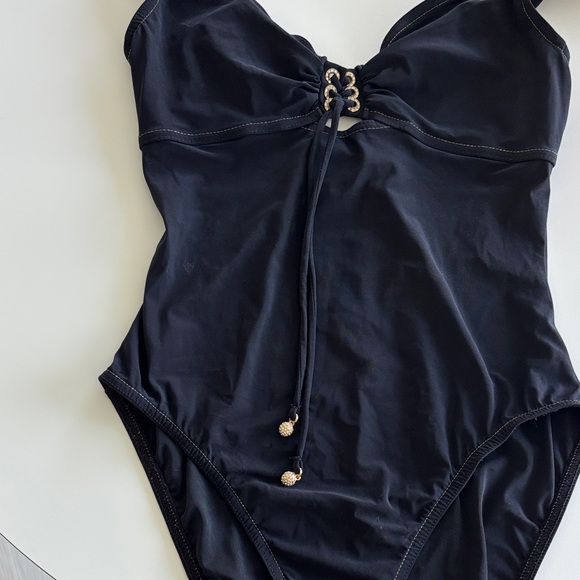 Karla Coletto Black Rhinestone C NeckOne Piece Swimsuit Size 10
